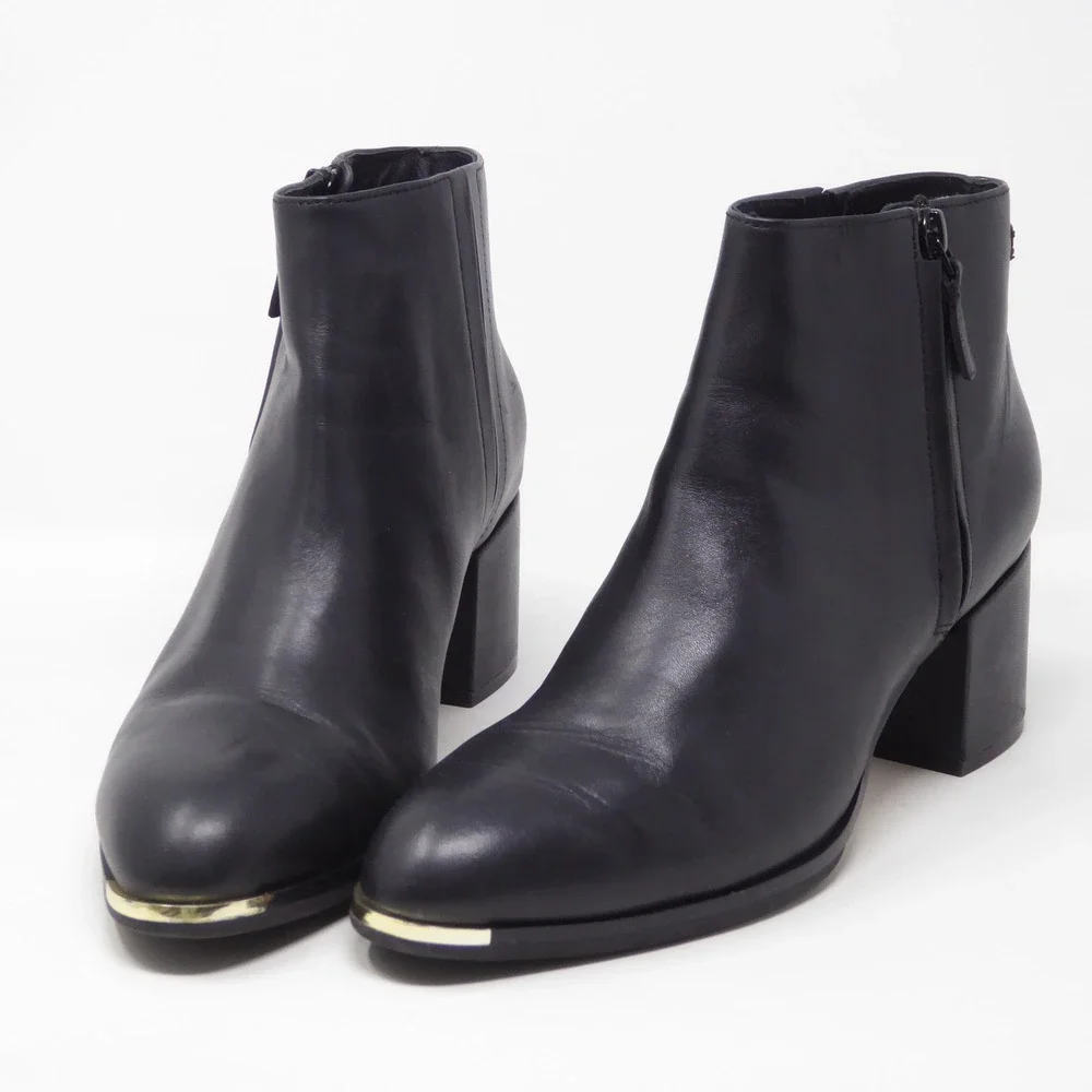 Cole Haan Women Grand Ambition 55 mm Boots Black Leather Block Heel Gold Toe 8.5